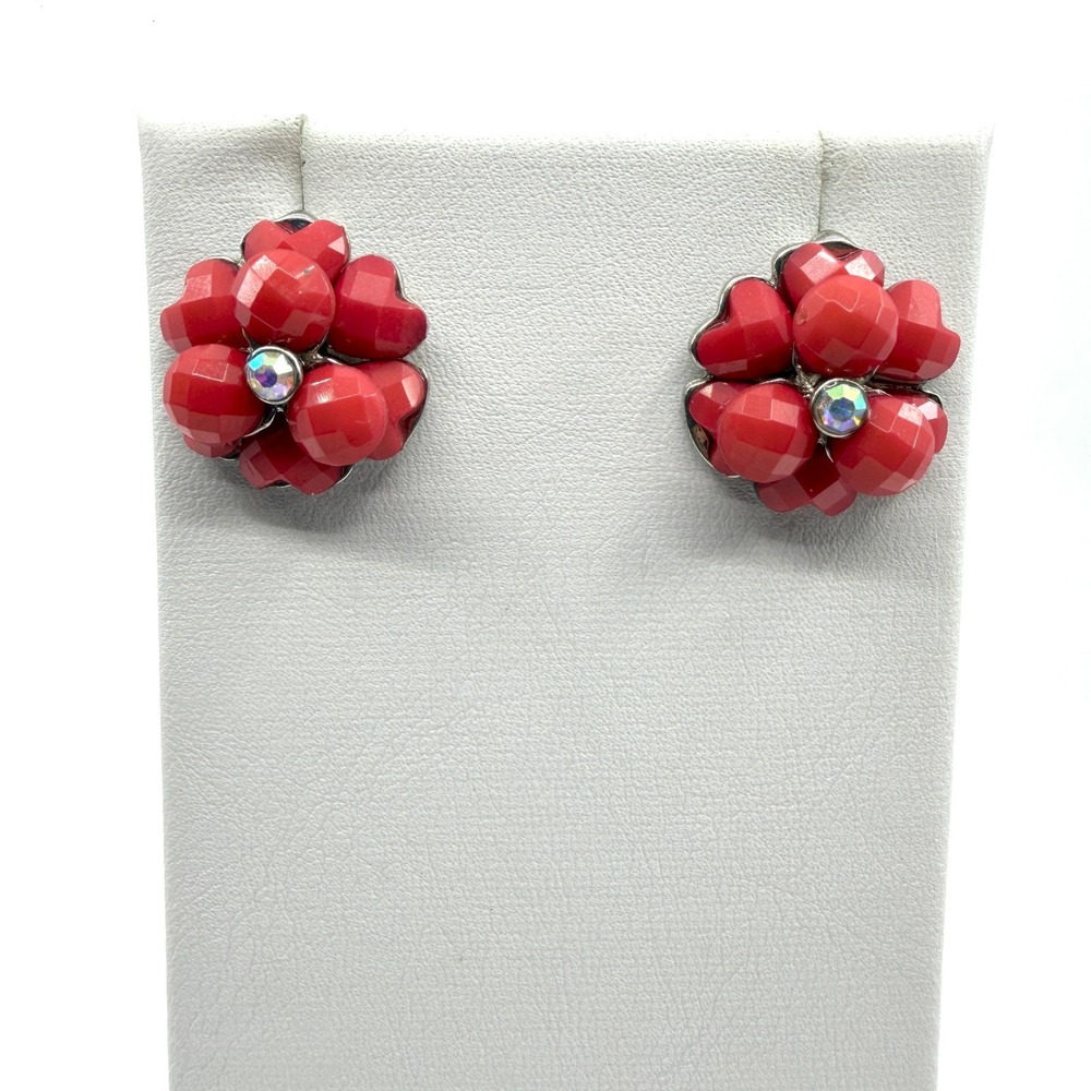 Y2K Red Floral Stud Earrings with Crystal Accent - Statement Fashion